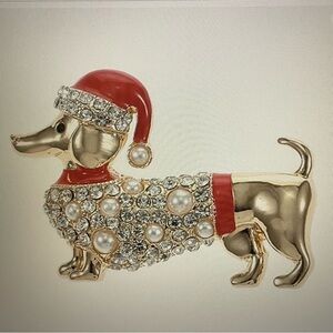 NWT Monet Holiday Dachshund Brooch with Red and Gold Details